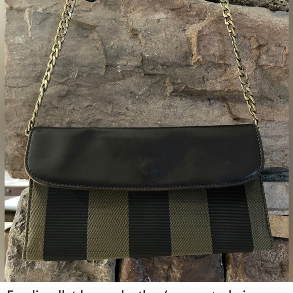 AUTH FENDI BROWN LEATHER/CANVAS  VERTICAL LINES VERY CLEAN WALLET CHAIN NOT/IN’D - Picture 1 of 9